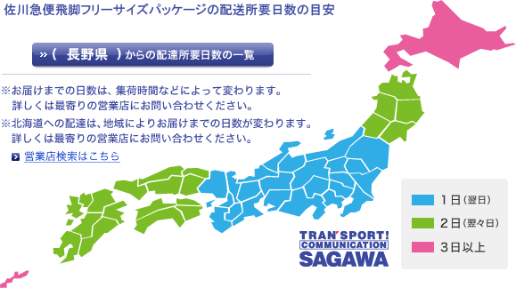 佐川急便飛脚フリーサイズパッケージの配送所要日数の目安